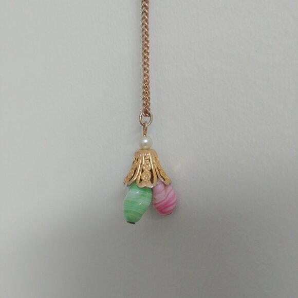 Short gold necklace with blue pink green pendant - Picture 4 of 11